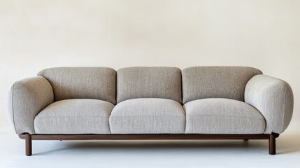 Modern beige sofa with curved design and wooden base for interiors