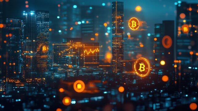 A futuristic cityscape illuminated by floating cryptocurrency particles at a global fintech expo