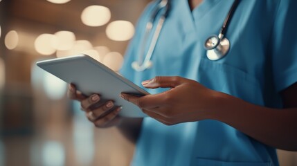 A healthcare professional in blue scrubs uses a tablet device.
