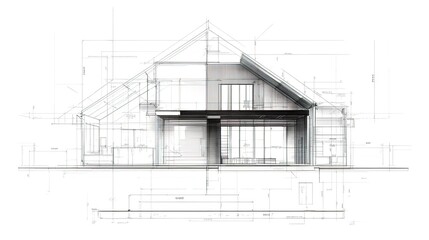 Architectural blueprint cross-section showcasing a modern house design with detailed interior and exterior elements.