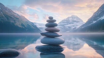 Balanced stones on tranquil lake with mountain sunrise.