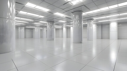 Spacious modern warehouse with glossy white columns