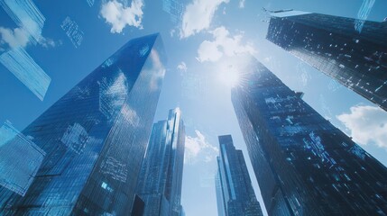 A modern cityscape featuring tall glass skyscrapers under a bright blue sky, with graphic overlays of data visualizations.