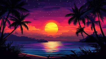 Obraz premium 90.A beautiful sunset over a tropical beach, with palm trees in sharp silhouette against the vibrant sky. The deep colors of the setting sun reflect in the still ocean water, creating a perfect