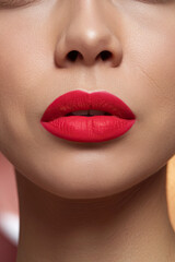 Fototapeta premium Close-up of bright red lipstick on plumped, Botox-treated lips