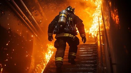 Fototapeta premium A firefighter ascends stairs in a burning building, surrounded by intense flames and flying embers.