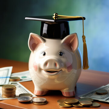piggy bank with a black graduation hat coints as educational loan syimbol