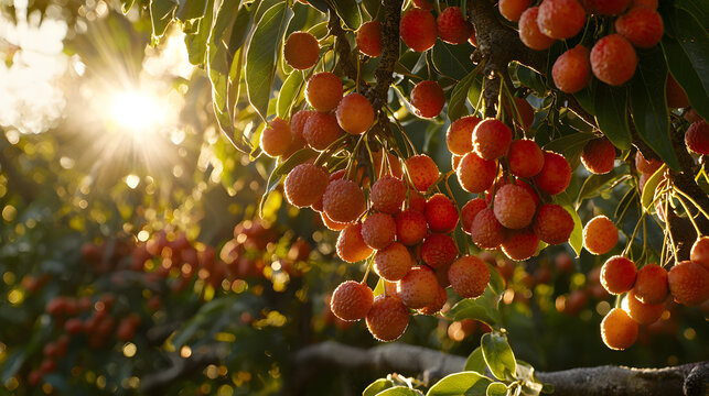 Ripening lychee fruits in golden sunlight