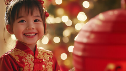 Joyful celebration: smiling girl in traditional red dress with lanterns and festive lights