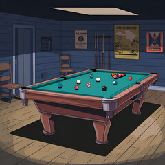 billiard table with balls and cue