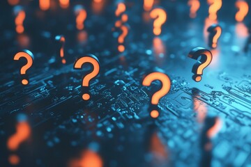 Three-dimensional, illuminated question marks float gracefully above a futuristic circuit board, creating a striking visual of technology and inquiry.