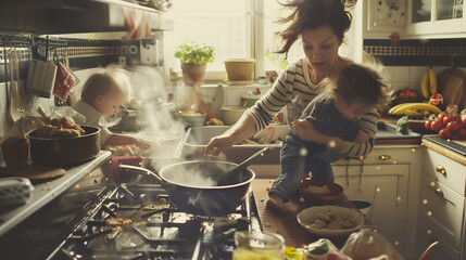 Overwhelmed Hectic Mom Juggling Cooking, Kids, and Chaos in a Comically Messy Kitchen, Capturing the Hilarious Side of Parenting. Image Made Using Generative AI