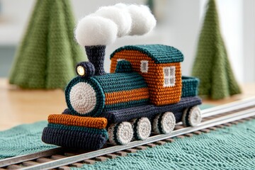 Adorable Crochet Train Toy on Tracks Winter Holiday Theme Handmade Crafts