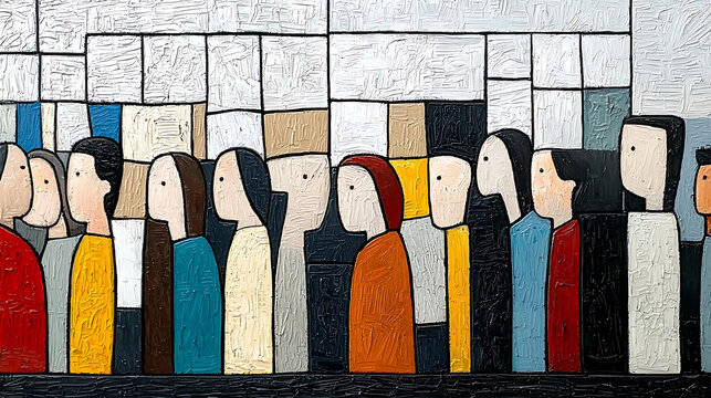 vibrant expressionist painting depicting crowd of stylized figures with distinct colors and shapes, evoking sense of unity and diversity