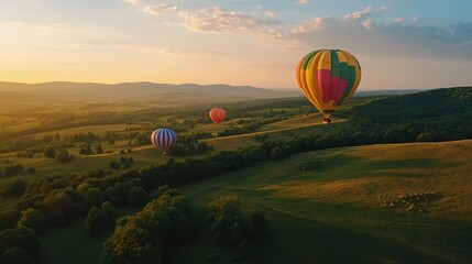 Obraz premium 25.Colorful hot air balloons flying over the green hills and trees at sunset. Rainbow colored balloons in the blue sky. Beautiful summer landscape: