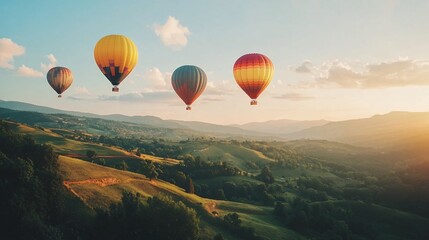 Fototapeta premium 25.Colorful hot air balloons flying over the green hills and trees at sunset. Rainbow colored balloons in the blue sky. Beautiful summer landscape: