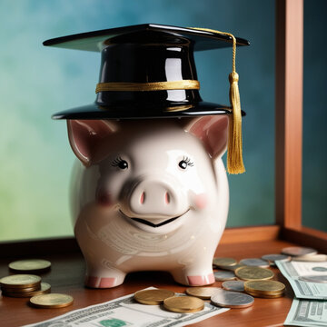 piggy bank with a black graduation hat coints as educational loan syimbol
