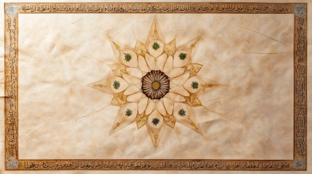 islamic calligraphy, rub el hizb depicted as an 8-pointed star with arabic script, geometric patterns, floral motifs, on a parchment-like background reminiscent of ancient manuscripts