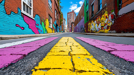 Fototapeta premium vibrant urban alley featuring colorful graffiti on brick walls, with striking yellow and pink striped road. scene captures essence of street art and city life