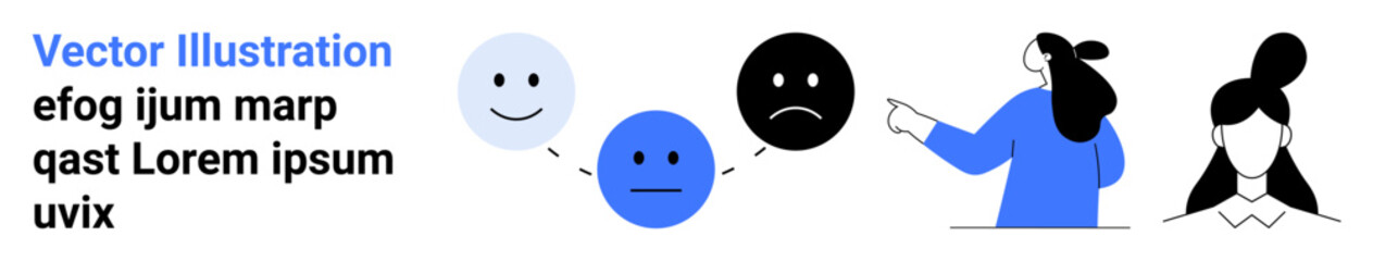 Three emotive happy faces happy, neutral, sad with minimalistic human figures interchanging expressions. Ideal for mental health, social communication, education, relationship building, emotional