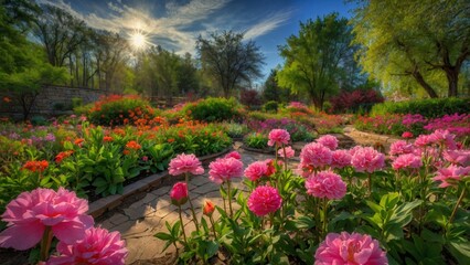 A vibrant garden filled with colorful flowers under a bright sky.