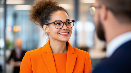 Confident businesswoman in orange blazer smiling business meeting