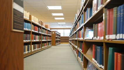 Serene Library Aisles: Rows of Books, Quiet Study Atmosphere