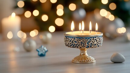 festive hanukkah decor, silver and blue hanukkah candlestick shines amid festive decorations, adorned with strings of white lights and star of David patterns