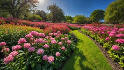 A vibrant garden filled with blooming flowers and lush greenery under a clear blue sky.