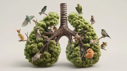 74.A 3D representation of human lungs shaped like green trees, surrounded by various small animals such as birds and squirrels. The image emphasizes the connection between nature and health, showing