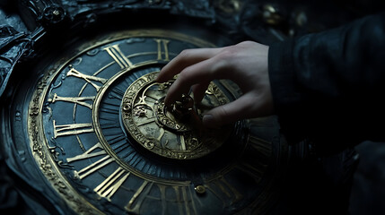 Obraz premium A hand turning the dial on a clock, symbolizing the passage of time and change2