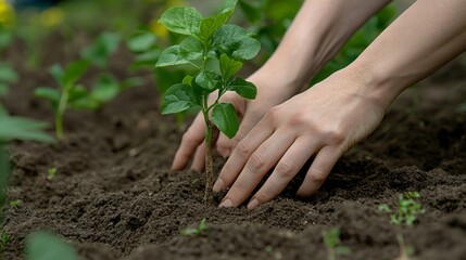 115.A sapling being planted into the earth by caring hands, with a focus on the small green leaves and freshly packed soil around the base. The background shows a green garden, symbolizing the growth