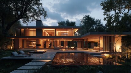 Obraz premium Villa glowing at dusk with soft lighting