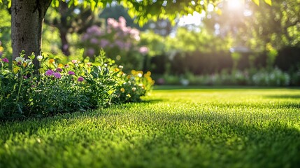 Obraz premium 107.A close-up shot of a garden tree with a healthy green lawn beneath, dappled sunlight filtering through the tree's leaves. The surrounding area is filled with blooming flowers and ornamental