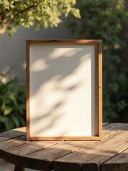 A plain white poster with a minimalist frame is placed on a wooden bench in a quiet outdoor setting. With natural lighting, the poster's clean and aesthetic design is highlighted. Suitable for mockup