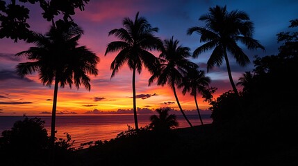 Naklejka premium 87.A stunning tropical sunset, with vibrant colors of orange and pink illuminating the sky, casting long shadows of palm trees against the horizon. The calm sea stretches into the distance,