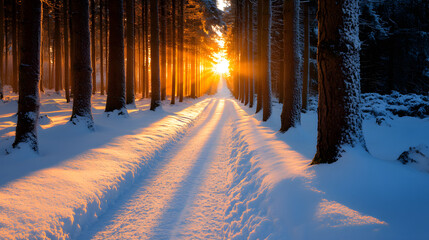 Winterlicher Waldweg mit Sonnenstrahlen durch schneebedeckte B&auml;ume