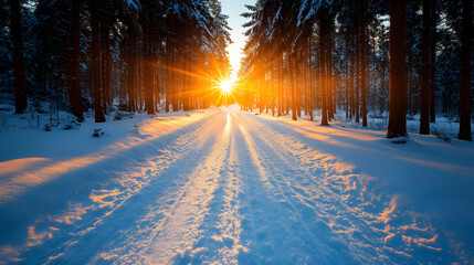 Winterlicher Waldweg mit Sonnenstrahlen durch schneebedeckte B&auml;ume
