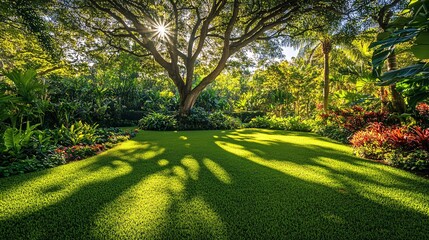 Obraz premium 108.A tranquil garden with a tall tree at its center, casting a shadow on the lush green grass below. The surrounding garden is filled with colorful plants, and the scene evokes a sense of calm and