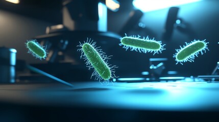 High-resolution image of beneficial bacteria cells, glowing green under a microscope, with a soft focus on the scientific instruments in the background