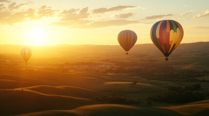 26.A vibrant image of several rainbow-colored hot air balloons floating high above rolling green hills at sunset. The golden light of the setting sun bathes the landscape in warm hues, creating a