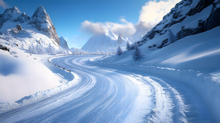 Hochalpiner Gebirgspass mit verschneiten Stra&szlig;en und majest&auml;tischen Bergen