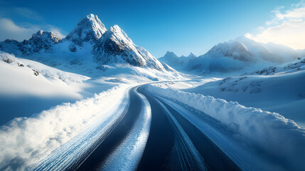 Hochalpiner Gebirgspass mit verschneiten Stra&szlig;en und majest&auml;tischen Bergen