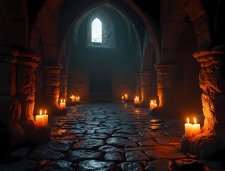 In the castle's dungeon, the gothic setting with candles creates a dark and eerie backdrop filled with secrets and mysteries