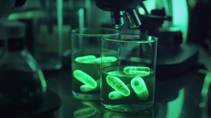 High-resolution image of beneficial bacteria cells, glowing green under a microscope, with a soft focus on the scientific instruments in the background