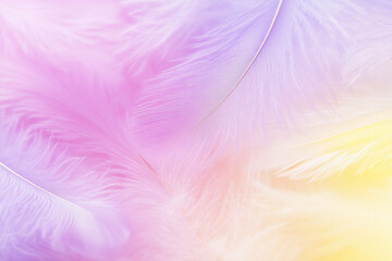 Obraz premium Ethereal pastel feathers in soft pink, purple, and yellow hues create dreamy background. delicate textures evoke sense of calm and tranquility
