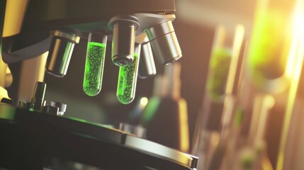High-resolution image of beneficial bacteria cells, glowing green under a microscope, with a soft focus on the scientific instruments in the background