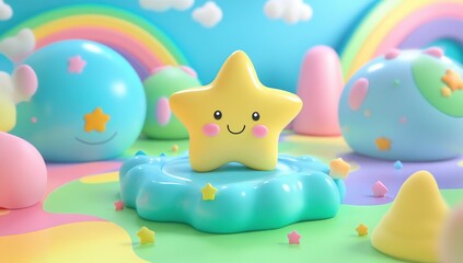 Happy Star in a Pastel Dreamland: A 3D Rendered Whimsical Scene