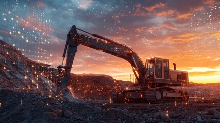 An excavator works in a quarry at sunset, illuminated by a fiery sky. Data visualization lines and graphs in orange and white overlay the scene