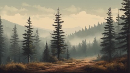 Misty landscape with fir forest in vintage retro style